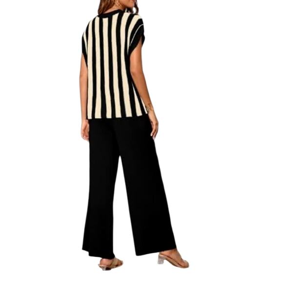 Commense Women's Medium Black White Striped Sweater Vest Knit Wide Leg Pants - Picture 3 of 7